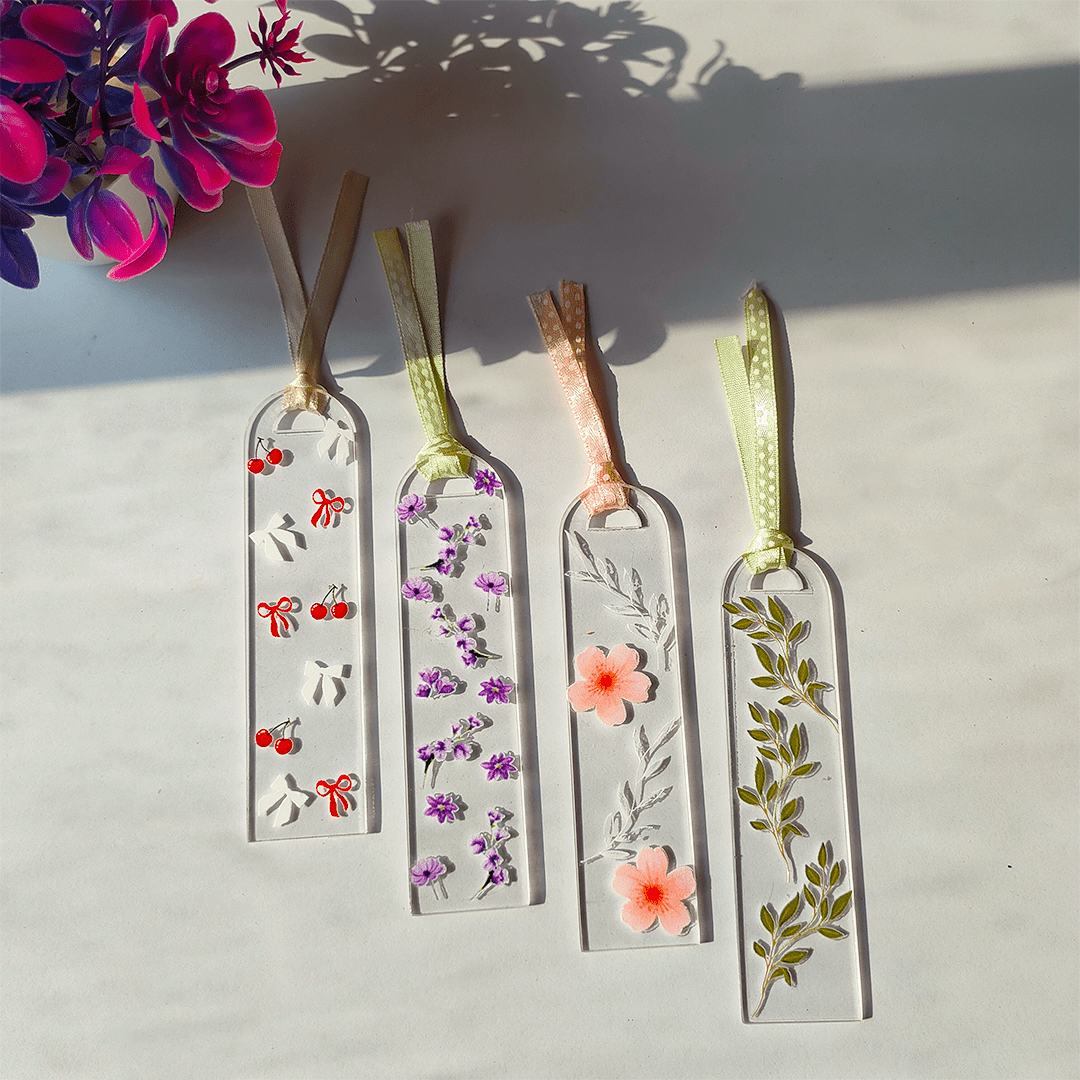 Handcrafted Acrylic Bookmarks with Real Dried Flowers & Satin Ribbons – Combo Pack of 4 - Memories InsitePRESSED FLOWER ACRYLIC BOOKMARK COMBO – Set of 4